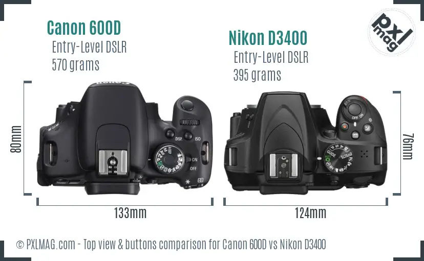Canon 600D vs Nikon D3400 top view buttons comparison