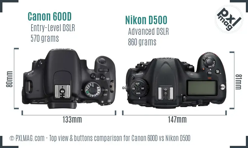 Canon 600D vs Nikon D500 top view buttons comparison Canon 600D vs Nikon D500 top view buttons comparison