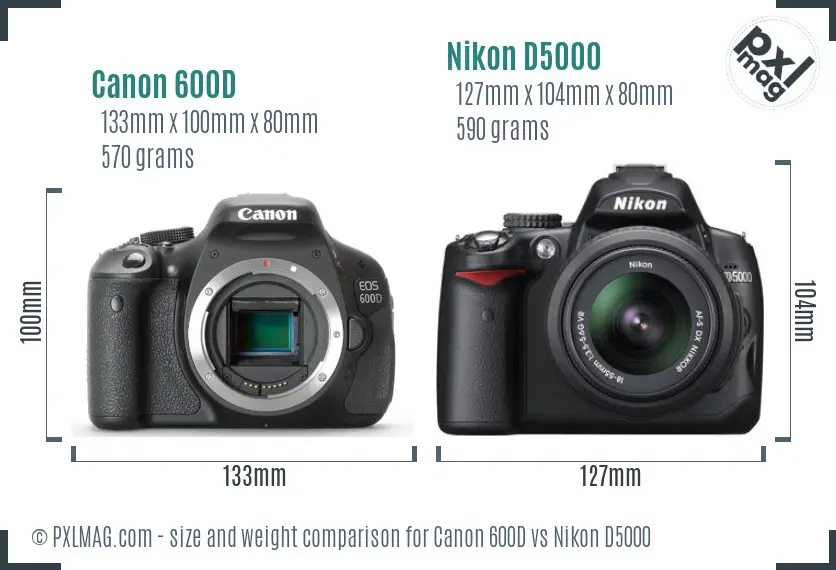 Canon 600D vs Nikon D5000 size comparison