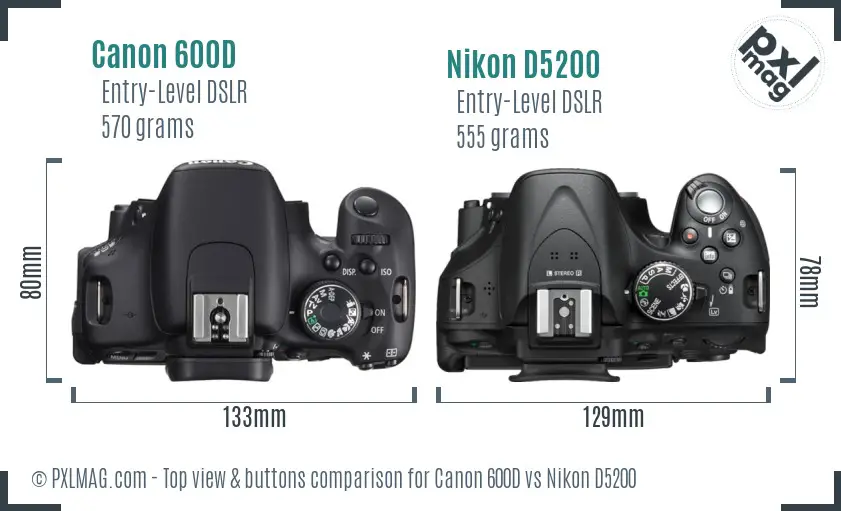 Canon 600D vs Nikon D5200 top view buttons comparison