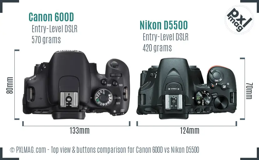 Canon 600D vs Nikon D5500 top view buttons comparison