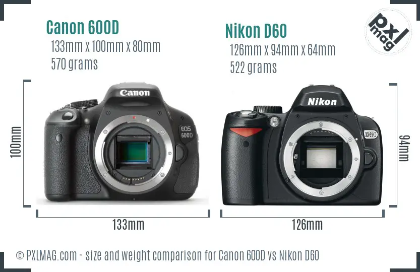 Canon 600D vs Nikon D60 size comparison