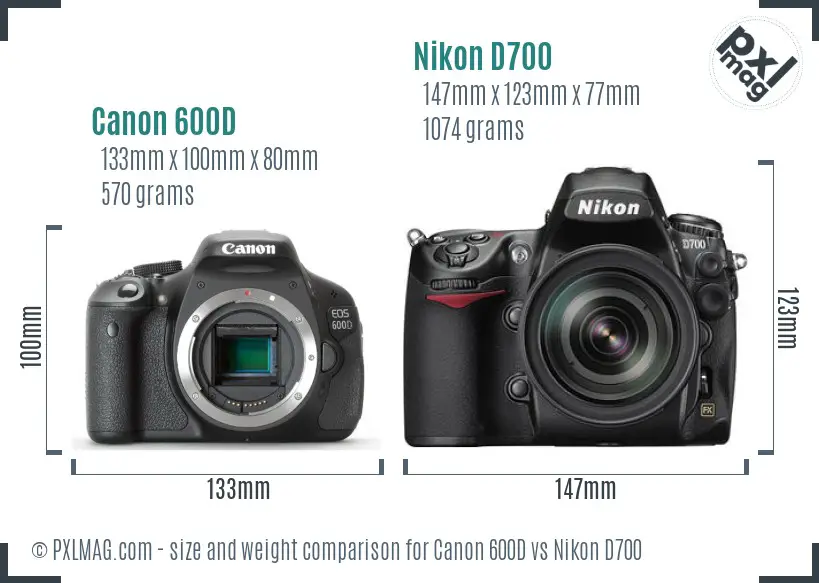 Canon 600D vs Nikon D700 size comparison