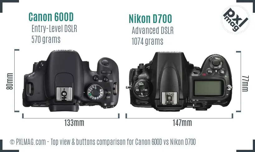 Canon 600D vs Nikon D700 top view buttons comparison
