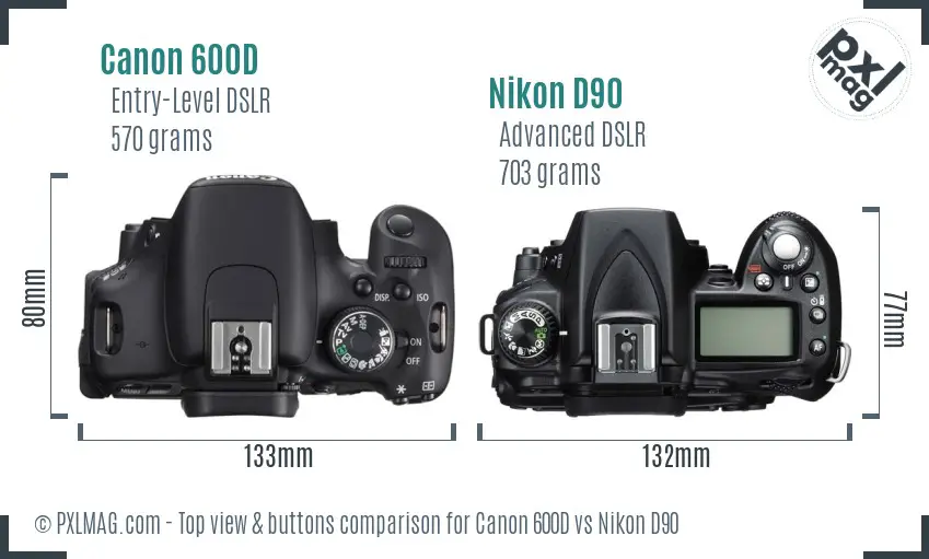 Canon 600D vs Nikon D90 top view buttons comparison