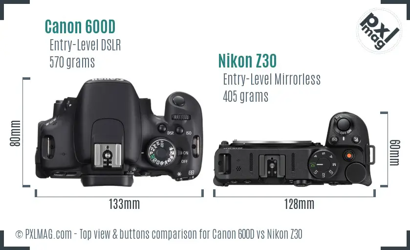 Canon 600D vs Nikon Z30 top view buttons comparison Canon 600D vs Nikon Z30 top view buttons comparison