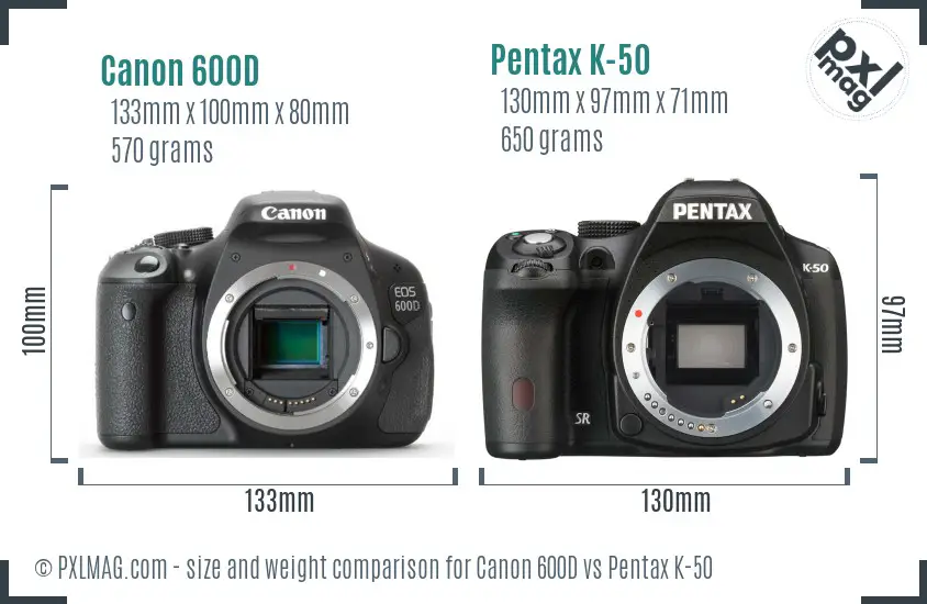 Canon 600D vs Pentax K-50 size comparison