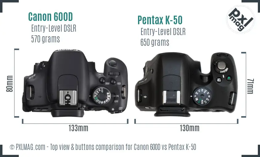 Canon 600D vs Pentax K-50 top view buttons comparison
