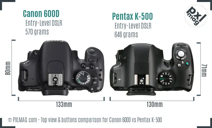 Canon 600D vs Pentax K-500 top view buttons comparison