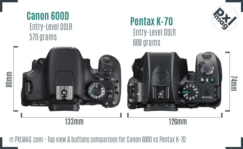 Canon 600D vs Pentax K-70 top view buttons comparison