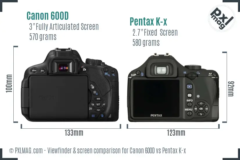 Canon 600D vs Pentax K-x Screen and Viewfinder comparison