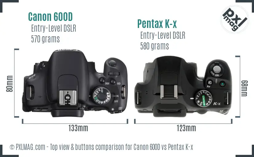 Canon 600D vs Pentax K-x top view buttons comparison