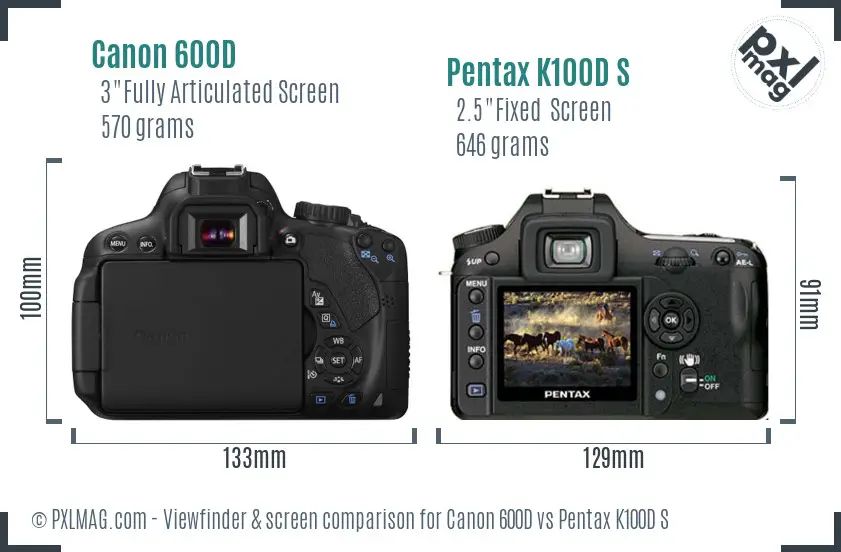Canon 600D vs Pentax K100D S Screen and Viewfinder comparison
