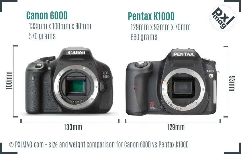 Canon 600D vs Pentax K100D size comparison