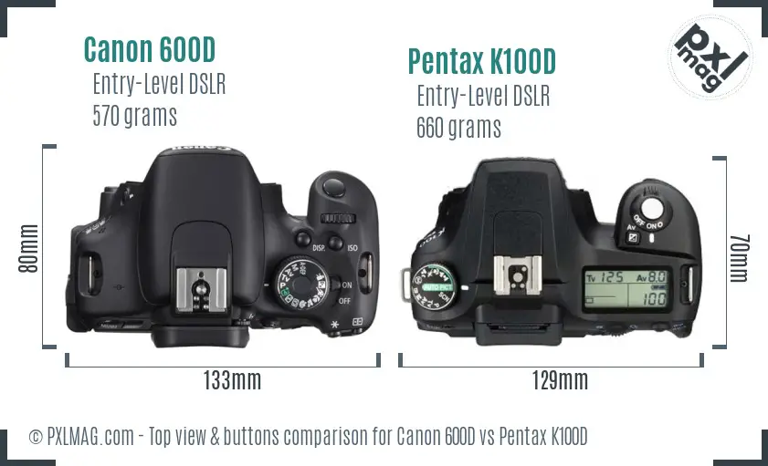 Canon 600D vs Pentax K100D top view buttons comparison