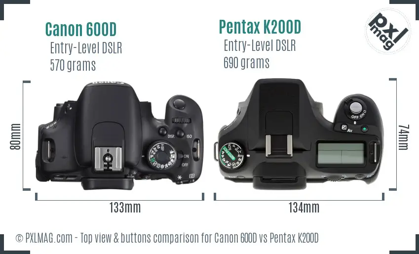 Canon 600D vs Pentax K200D top view buttons comparison