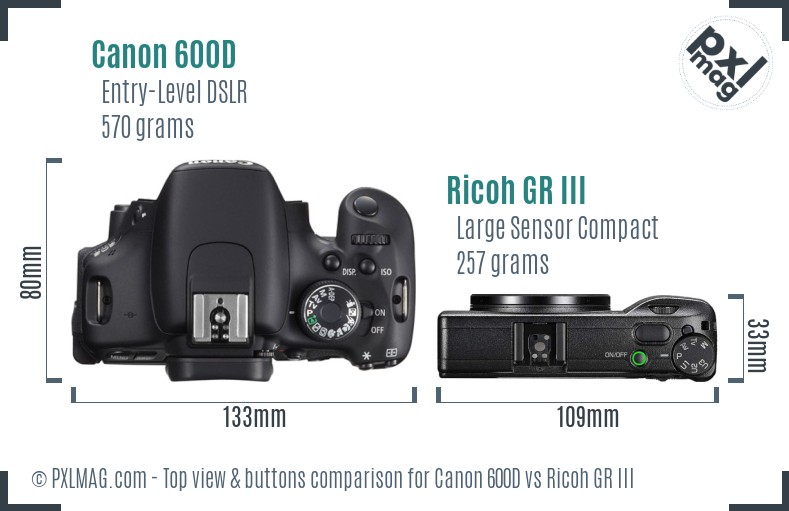 Canon 600D vs Ricoh GR III top view buttons comparison