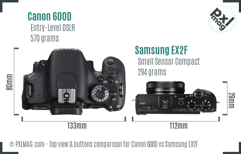Canon 600D vs Samsung EX2F top view buttons comparison