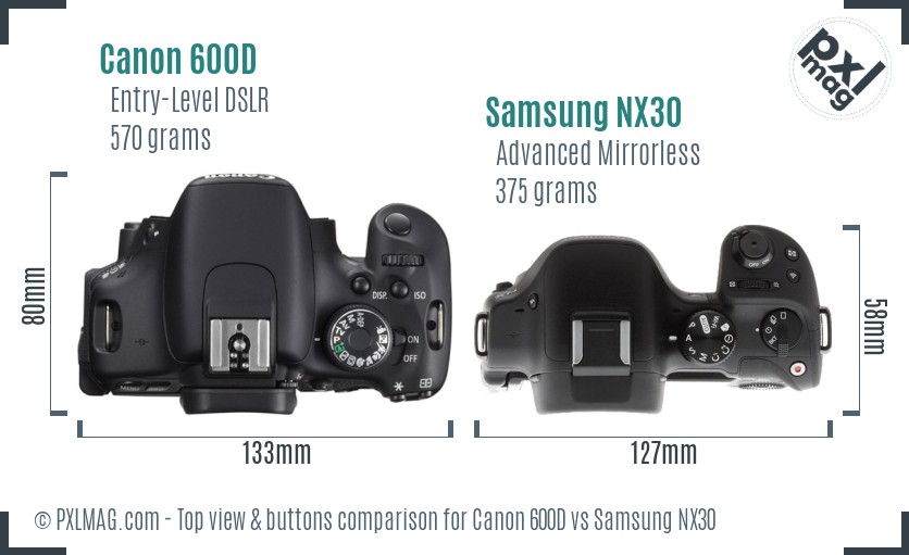Canon 600D vs Samsung NX30 top view buttons comparison