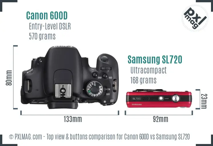 Canon 600D vs Samsung SL720 top view buttons comparison