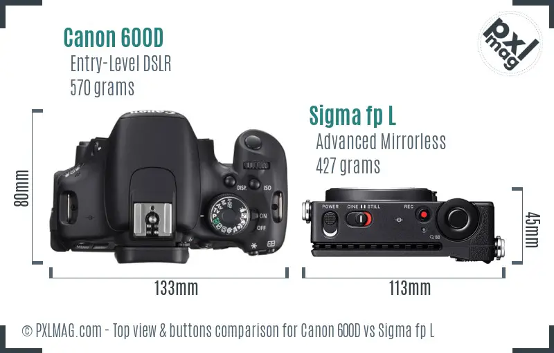 Canon 600D vs Sigma fp L top view buttons comparison Canon 600D vs Sigma fp L top view buttons comparison