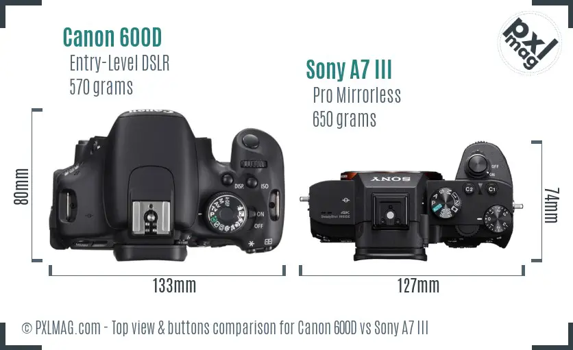 Canon 600D vs Sony A7 III top view buttons comparison