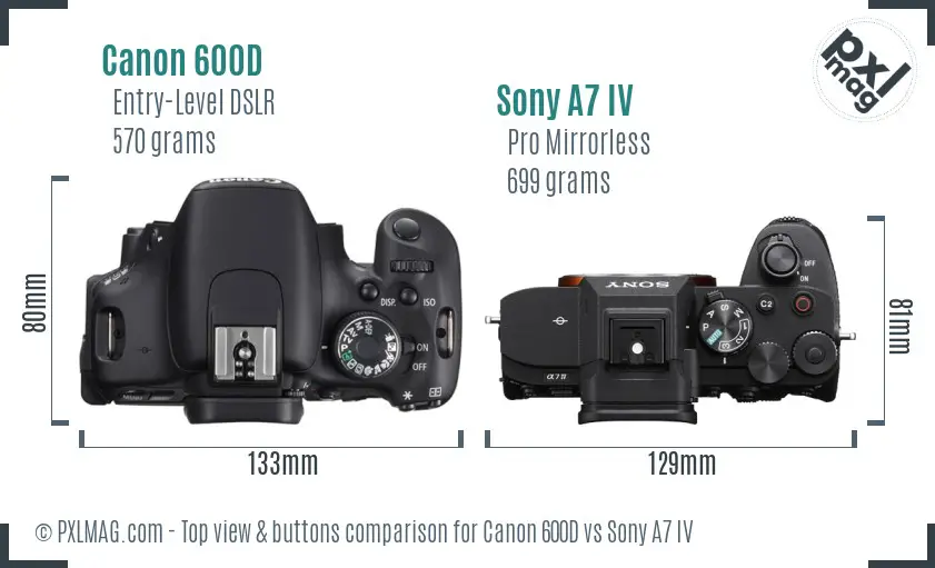 Canon 600D vs Sony A7 IV top view buttons comparison Canon 600D vs Sony A7 IV top view buttons comparison