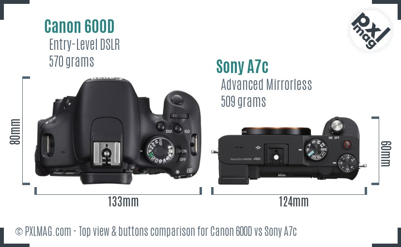 Canon 600D vs Sony A7c top view buttons comparison