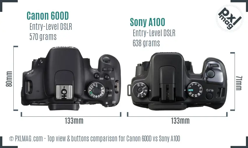 Canon 600D vs Sony A100 top view buttons comparison