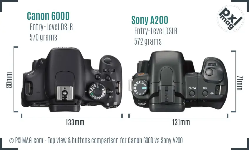 Canon 600D vs Sony A200 top view buttons comparison