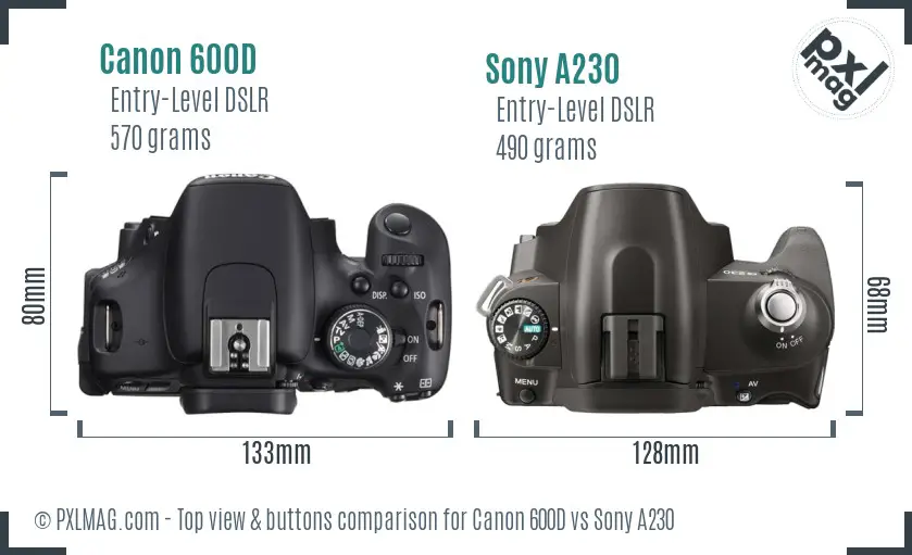 Canon 600D vs Sony A230 top view buttons comparison