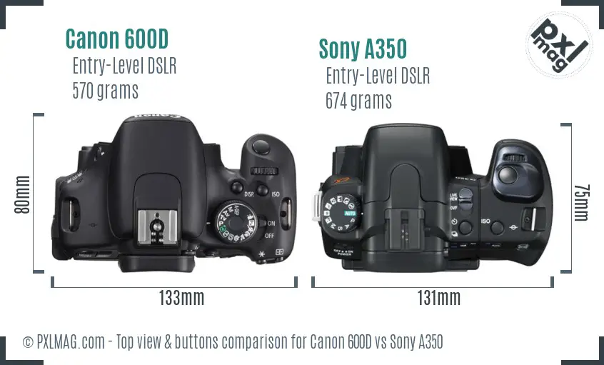 Canon 600D vs Sony A350 top view buttons comparison