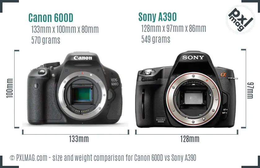 Canon 600D vs Sony A390 size comparison