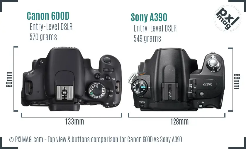 Canon 600D vs Sony A390 top view buttons comparison