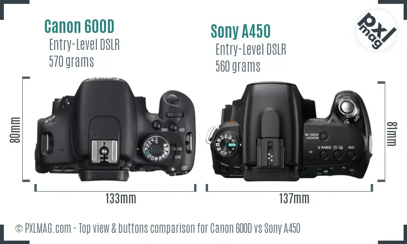 Canon 600D vs Sony A450 top view buttons comparison