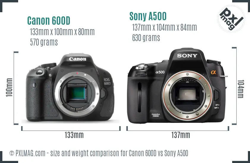 Canon 600D vs Sony A500 size comparison