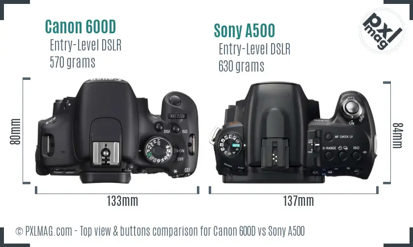 Canon 600D vs Sony A500 top view buttons comparison
