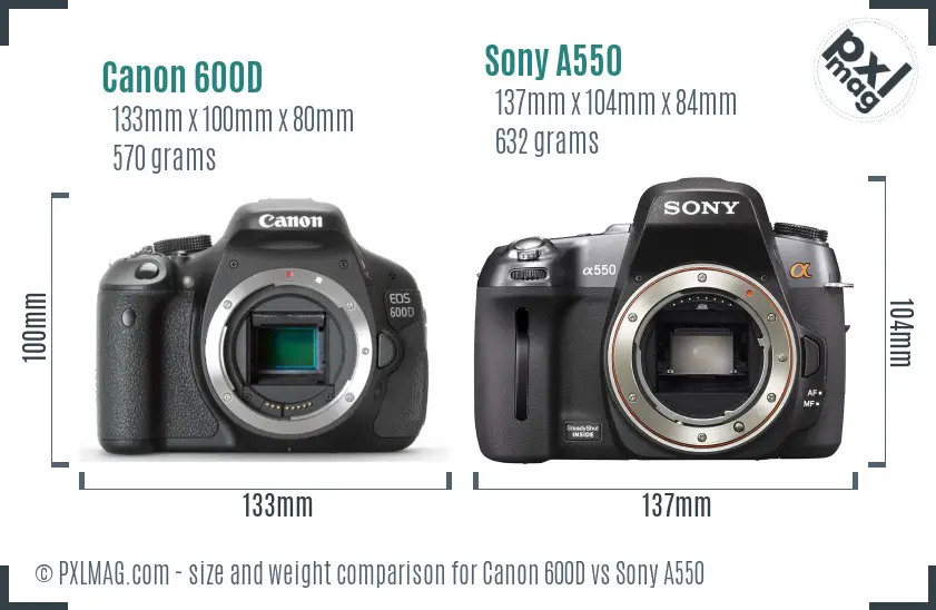 Canon 600D vs Sony A550 size comparison