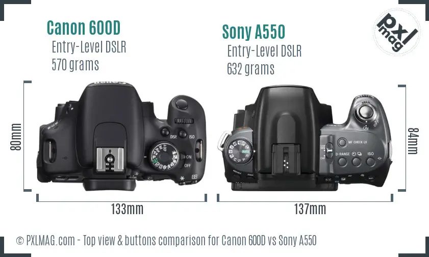 Canon 600D vs Sony A550 top view buttons comparison