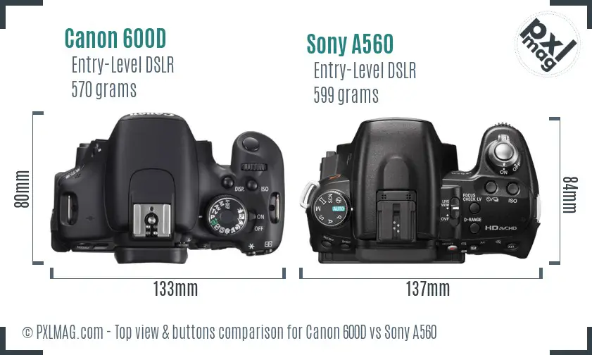 Canon 600D vs Sony A560 top view buttons comparison