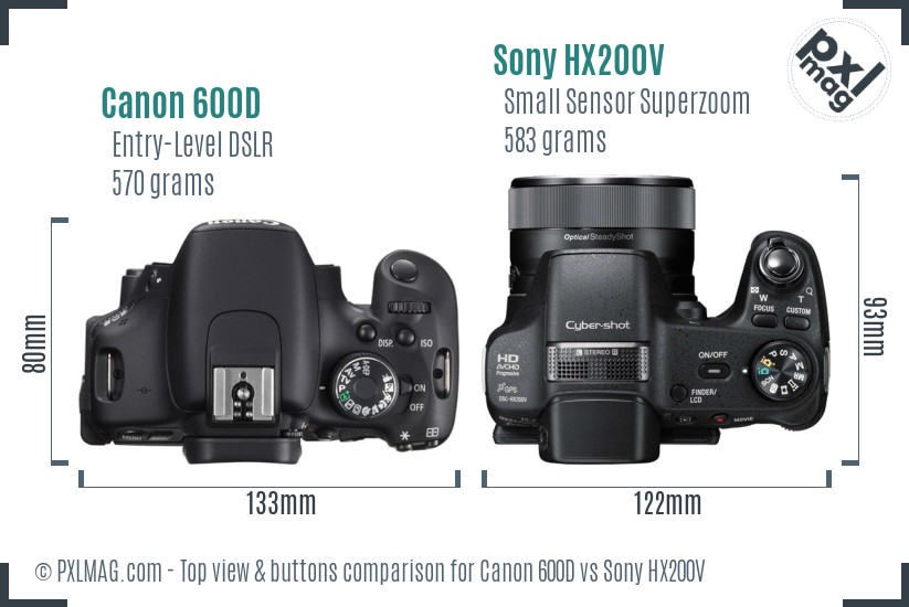 Canon 600D vs Sony HX200V top view buttons comparison