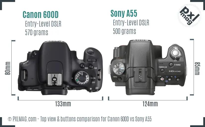 Canon 600D vs Sony A55 top view buttons comparison
