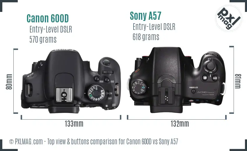 Canon 600D vs Sony A57 top view buttons comparison