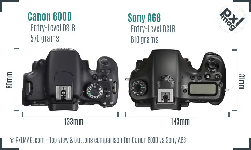 Canon 600D vs Sony A68 top view buttons comparison