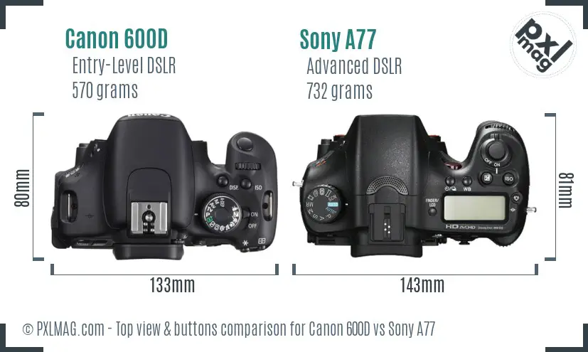 Canon 600D vs Sony A77 top view buttons comparison