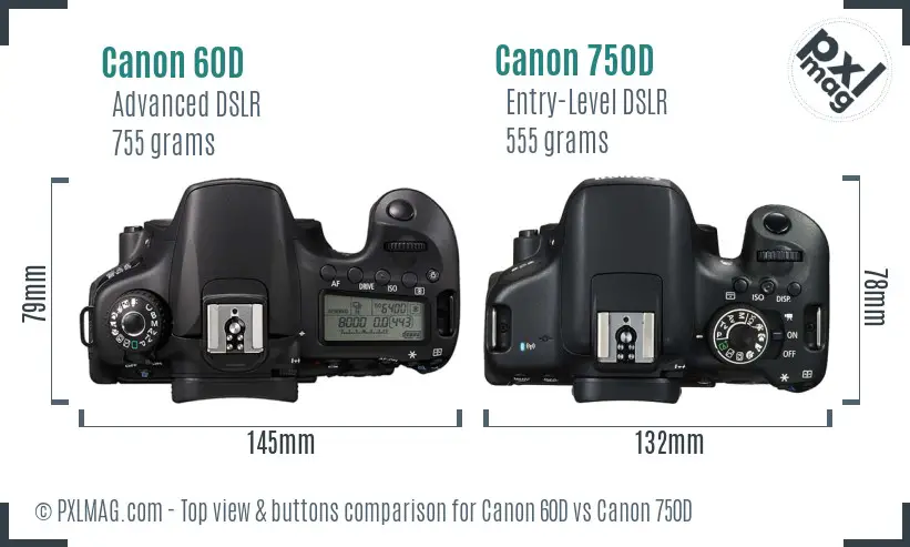 Canon 60D vs Canon 750D top view buttons comparison
