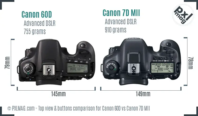 Canon 60D vs Canon 7D MII top view buttons comparison