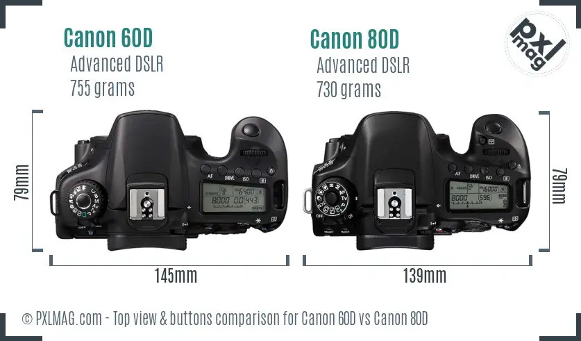 Canon 60D vs Canon 80D top view buttons comparison