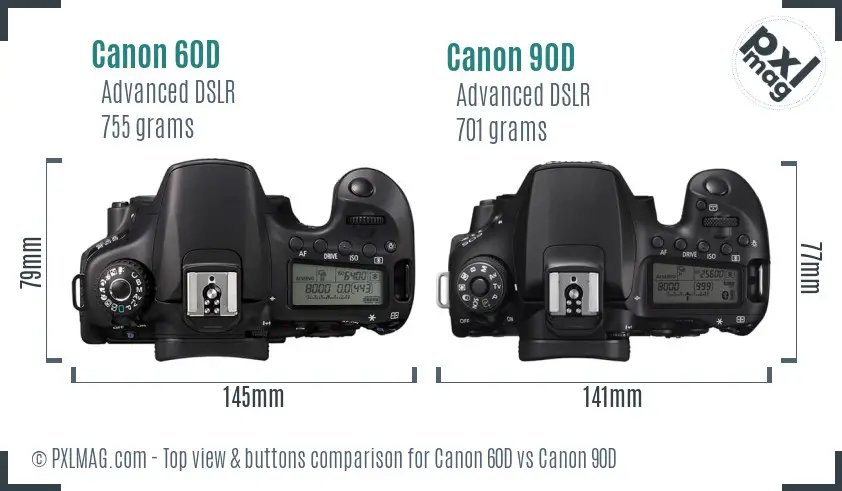 Canon 60D vs Canon 90D top view buttons comparison
