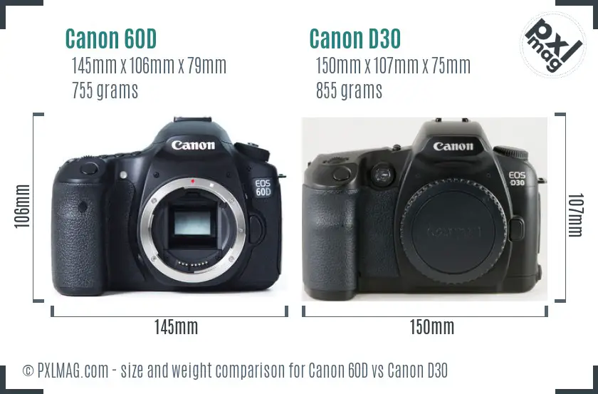 Canon 60D vs Canon D30 size comparison